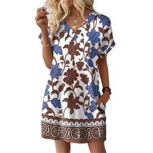 Casual T-Shirt Dress with V-Neck – Short Sleeve Aloha pattern Dress with Pockets